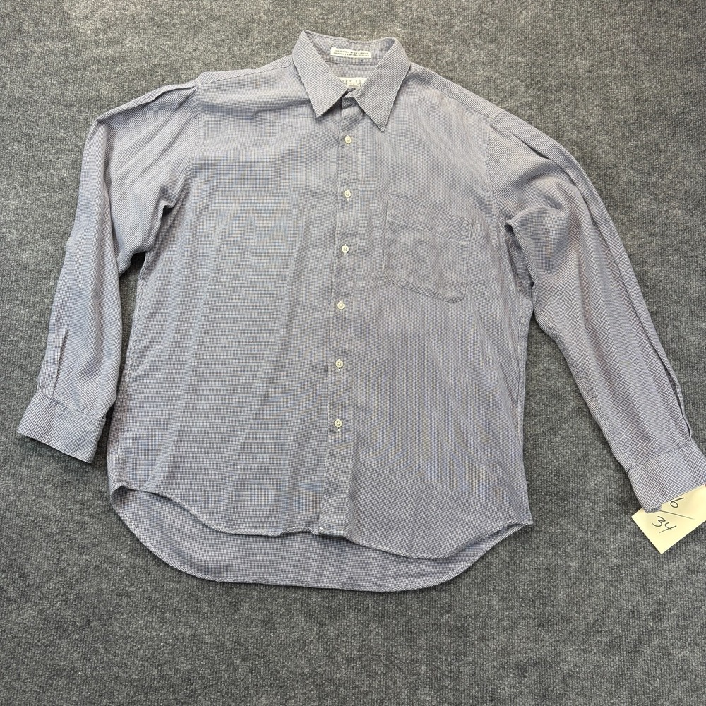 VTG Perry Ellis Folio Shirt Mens 16 34 L Blue White Houndstooth Check Made in US
